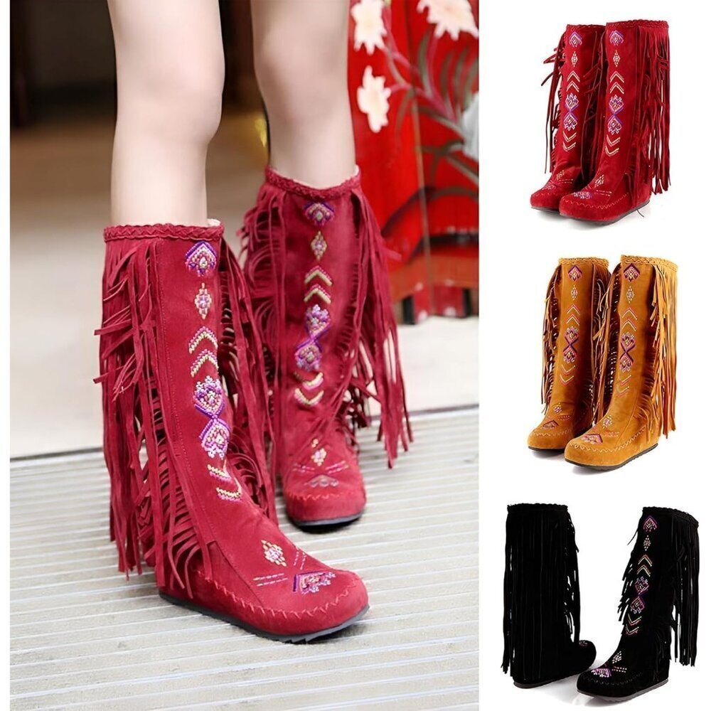 🆕 Red Faux Leather Embroidered Fringe Knee High Cowboy Boots Women’s Western - Picture 4 of 5